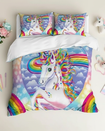 rainbow portrait sparkle unicorn bedding - flat-lay