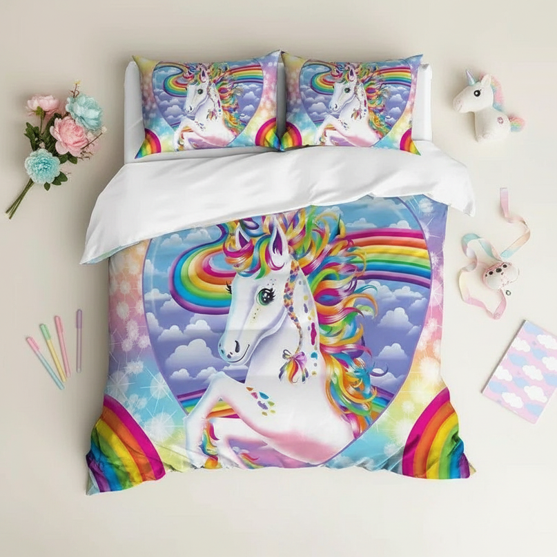 rainbow portrait sparkle unicorn bedding - flat-lay