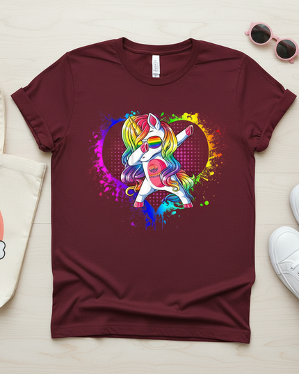 rainbow pride unicorn shirt - flat-lay