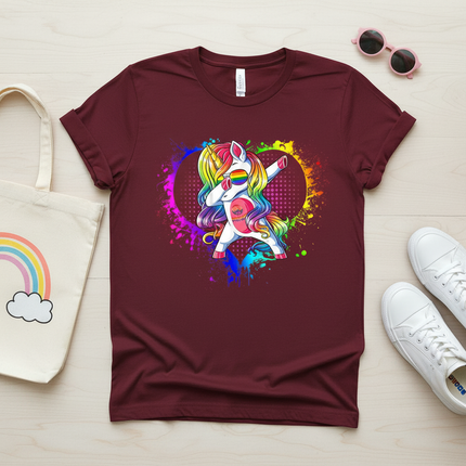 rainbow pride unicorn shirt - flat-lay