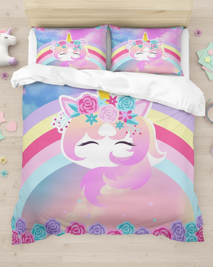 rainbow rose unicorn bedding - flat-lay