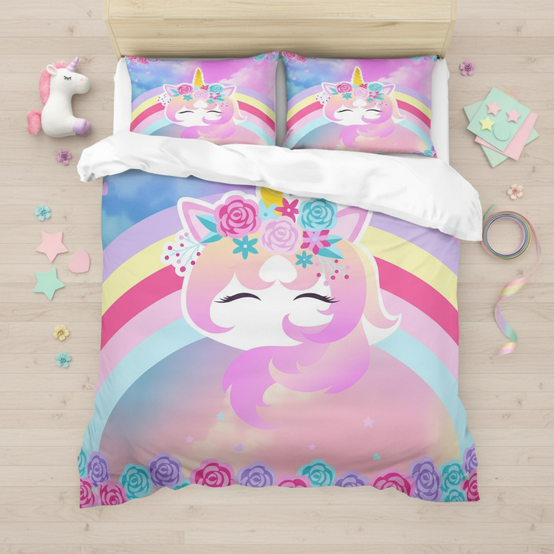 rainbow rose unicorn bedding - flat-lay