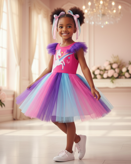 rainbow ruffled unicorn tutu dress - front