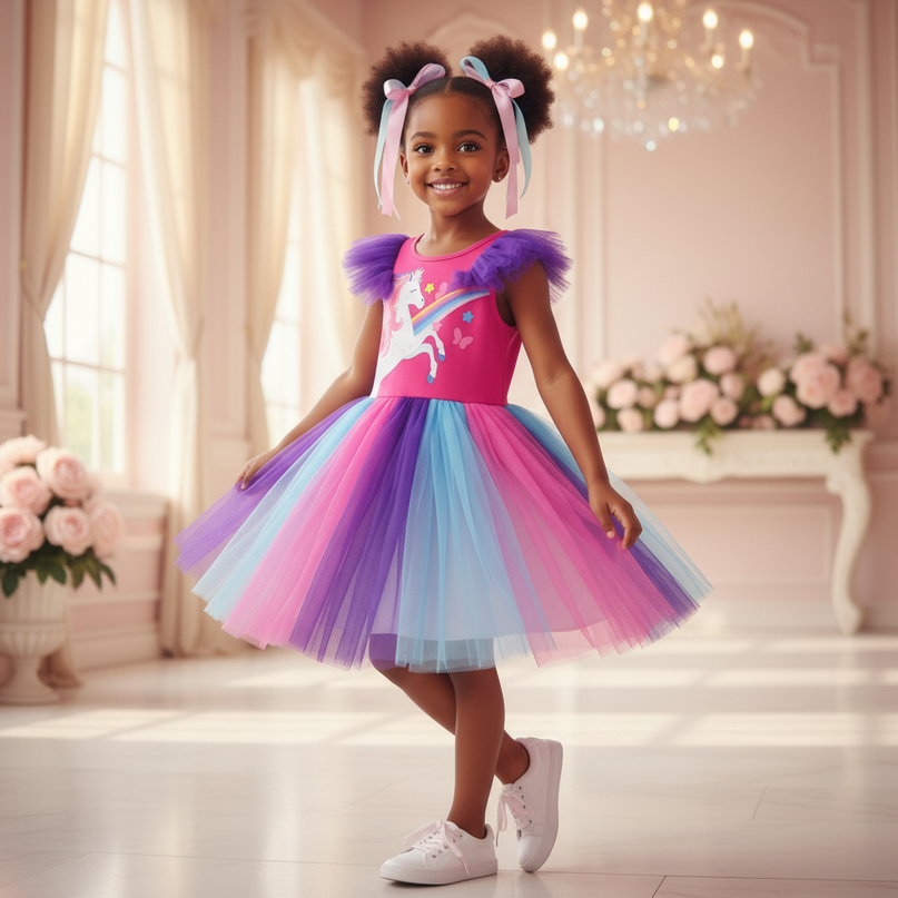 rainbow ruffled unicorn tutu dress - front