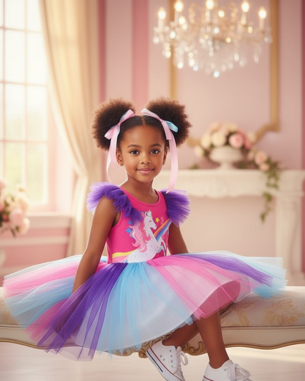 rainbow ruffled unicorn tutu dress - sitting
