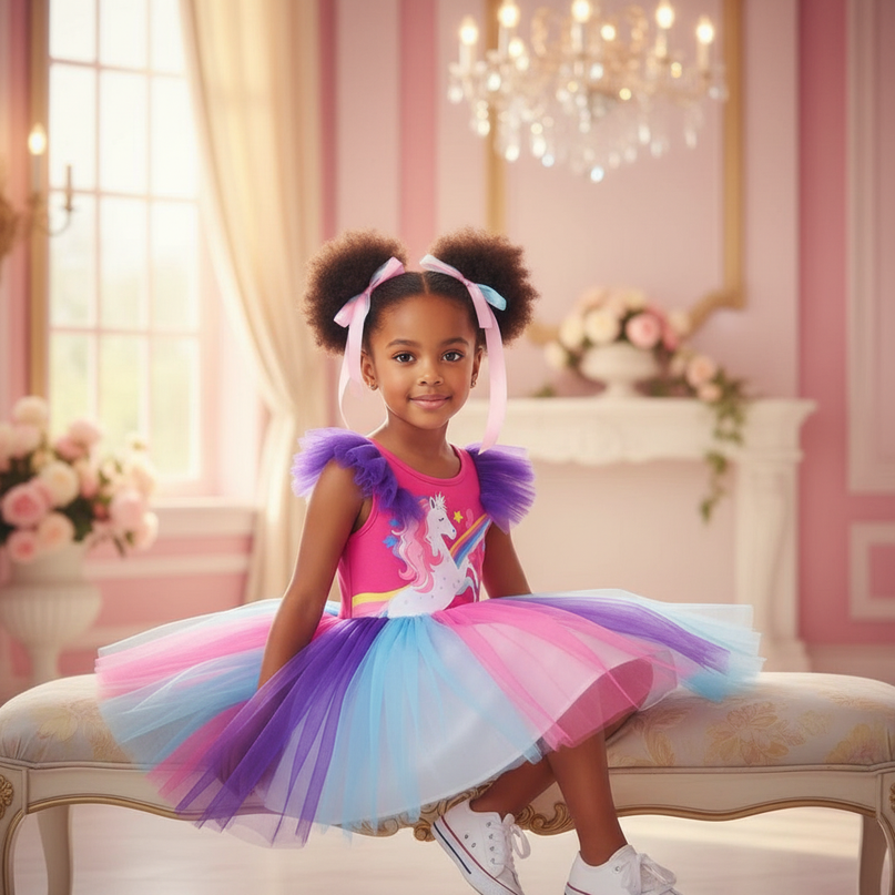 rainbow ruffled unicorn tutu dress - sitting