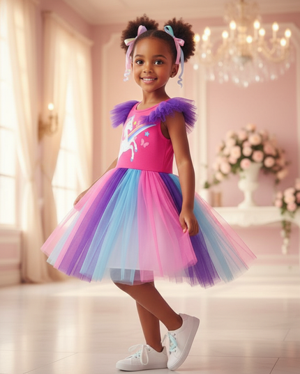 rainbow ruffled unicorn tutu dress - three-quarter