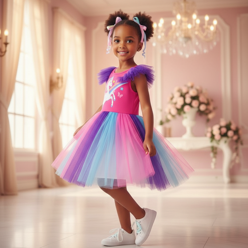 rainbow ruffled unicorn tutu dress - three-quarter
