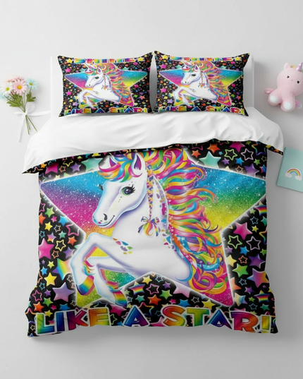 rainbow shine star unicorn bedding - flat-lay