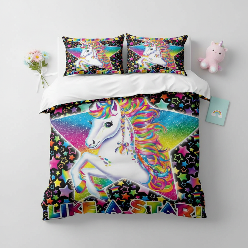 rainbow shine star unicorn bedding - flat-lay
