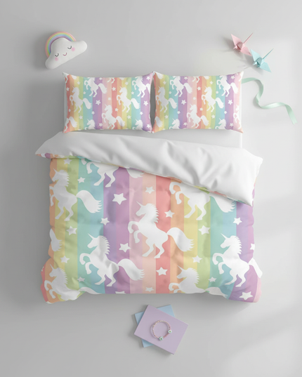 rainbow stripe silhouette unicorn bedding - flat-lay