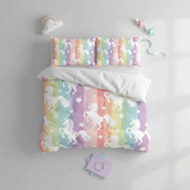 rainbow stripe silhouette unicorn bedding - flat-lay
