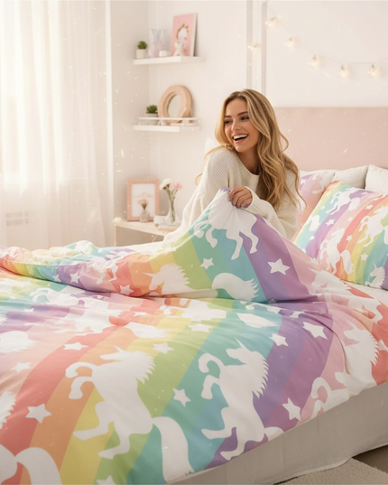rainbow stripe silhouette unicorn bedding - in-use