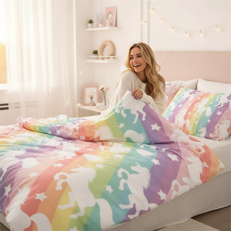 rainbow stripe silhouette unicorn bedding - in-use
