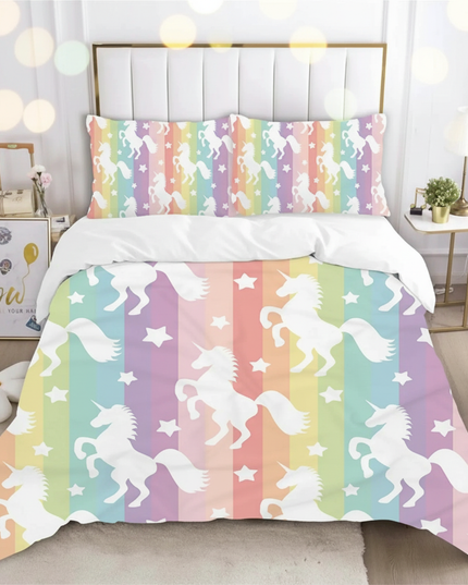 rainbow stripe silhouette unicorn bedding - lifestyle