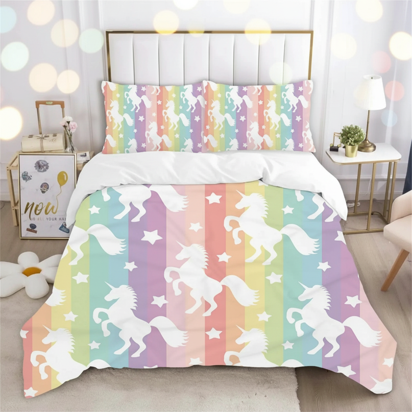 rainbow stripe silhouette unicorn bedding - lifestyle