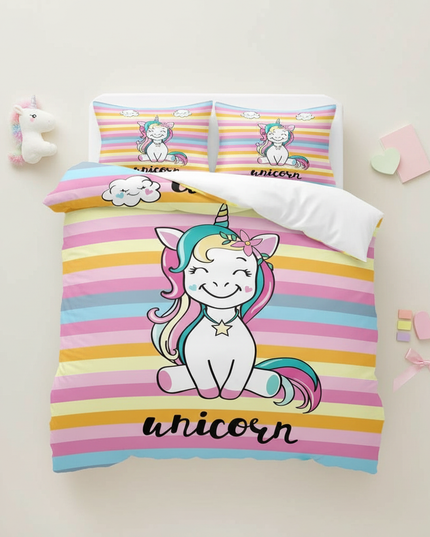 rainbow striped baby unicorn bedding - flat-lay