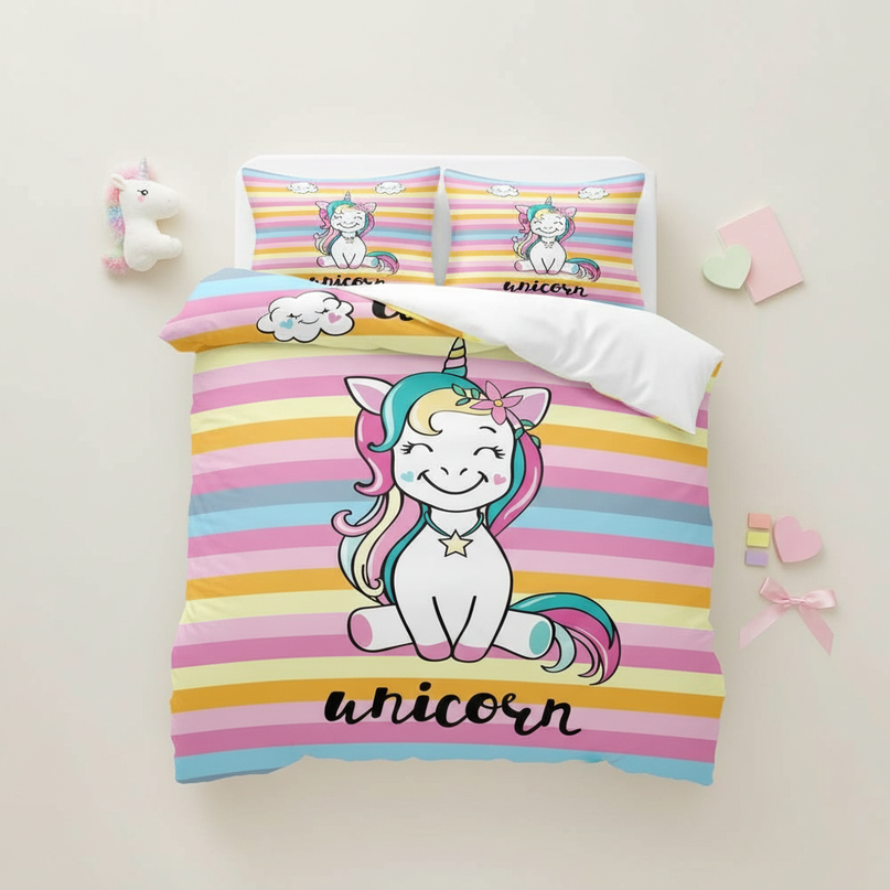 rainbow striped baby unicorn bedding - flat-lay