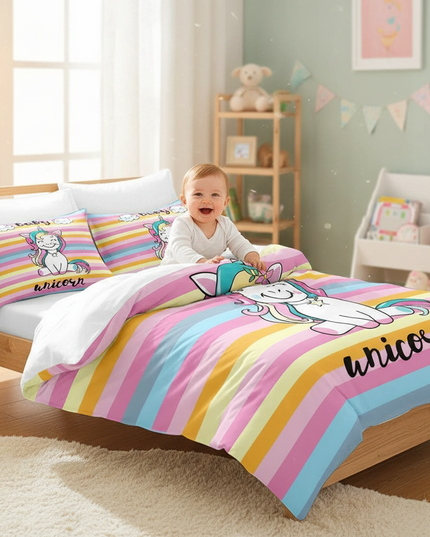 rainbow striped baby unicorn bedding - in-use