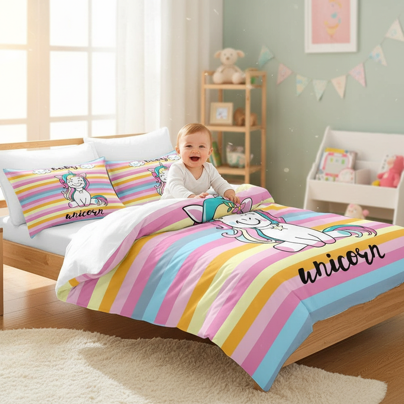 rainbow striped baby unicorn bedding - in-use