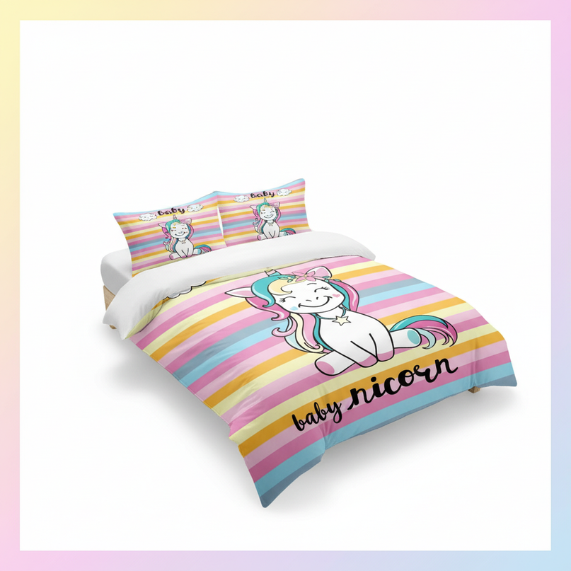 rainbow striped baby unicorn bedding - white-bg