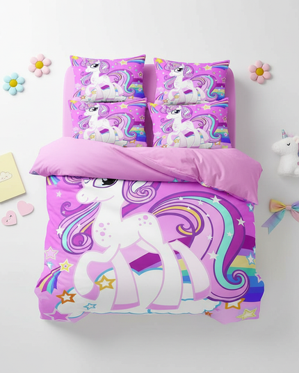 rainbow swirl unicorn bedding - flat-lay