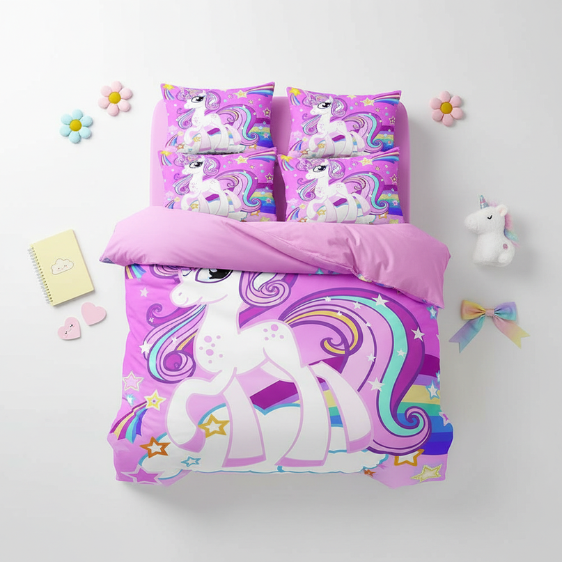rainbow swirl unicorn bedding - flat-lay