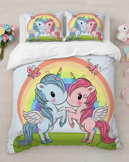 rainbow twin pegasus unicorn bedding - flat-lay