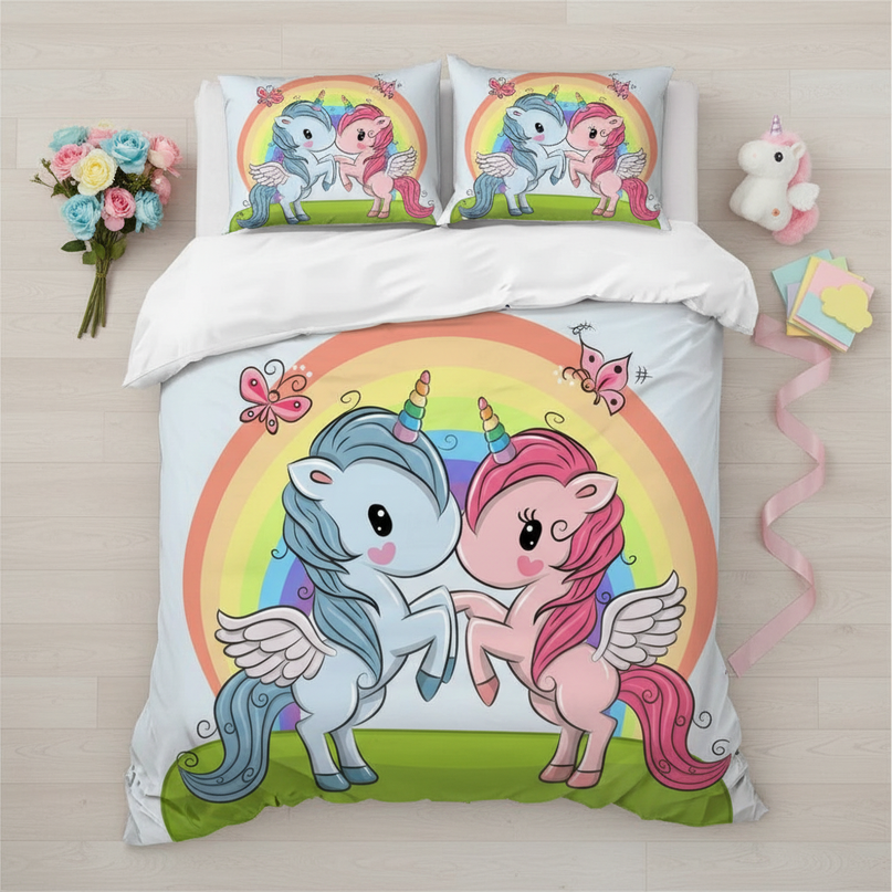 rainbow twin pegasus unicorn bedding - flat-lay