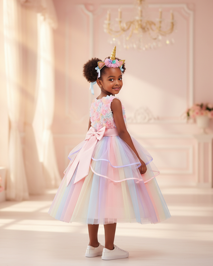 rainbow unicorn 3d flower dress girls - back