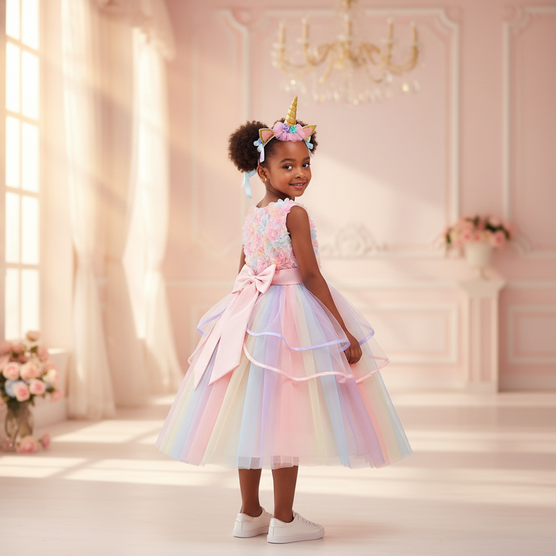 rainbow unicorn 3d flower dress girls - back