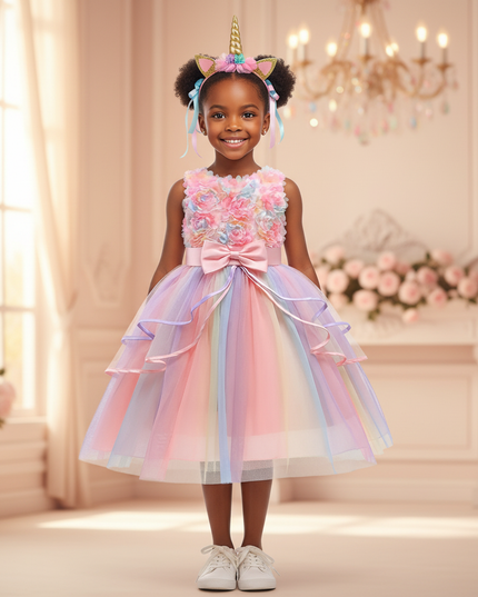 rainbow unicorn 3d flower dress girls - detail