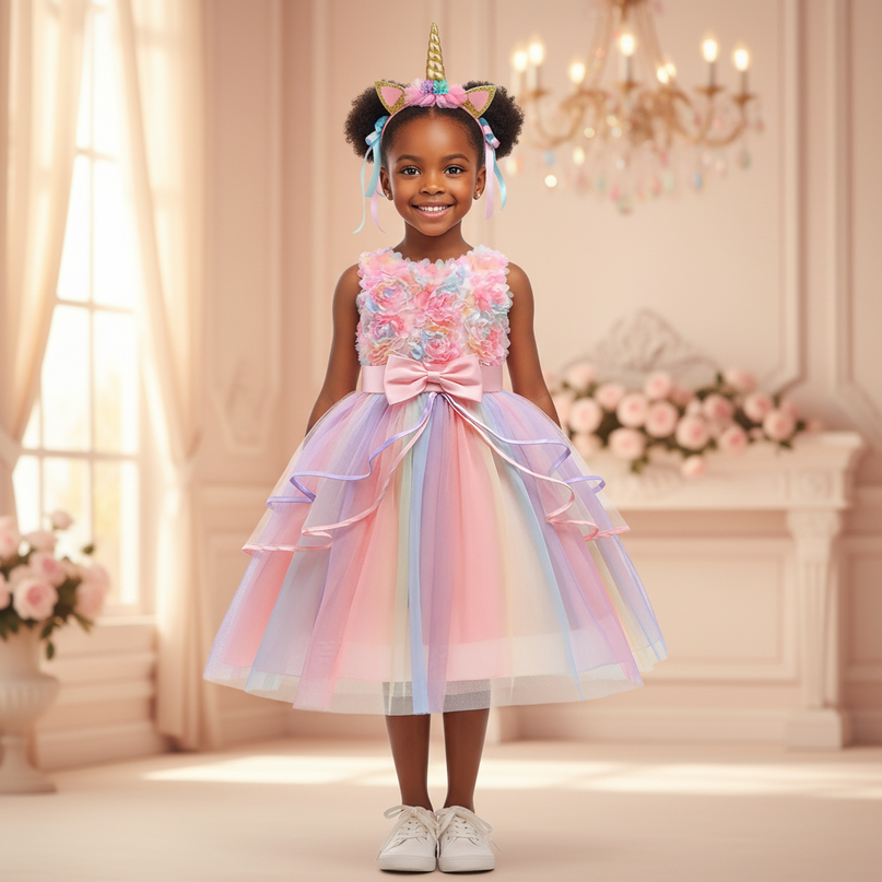 rainbow unicorn 3d flower dress girls - detail