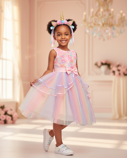 rainbow unicorn 3d flower dress girls - front