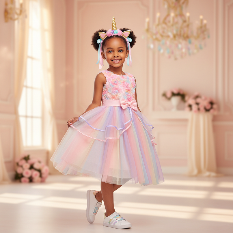 rainbow unicorn 3d flower dress girls - front