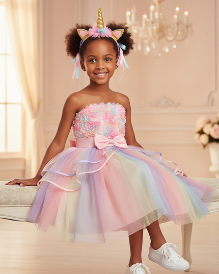 rainbow unicorn 3d flower dress girls - sitting