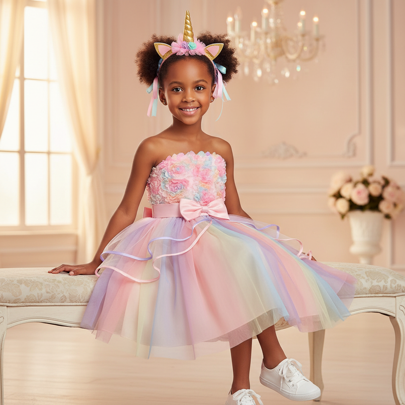 rainbow unicorn 3d flower dress girls - sitting