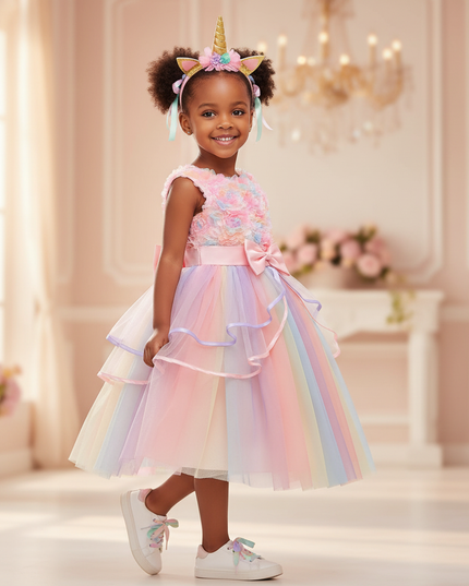 rainbow unicorn 3d flower dress girls - three-quarter
