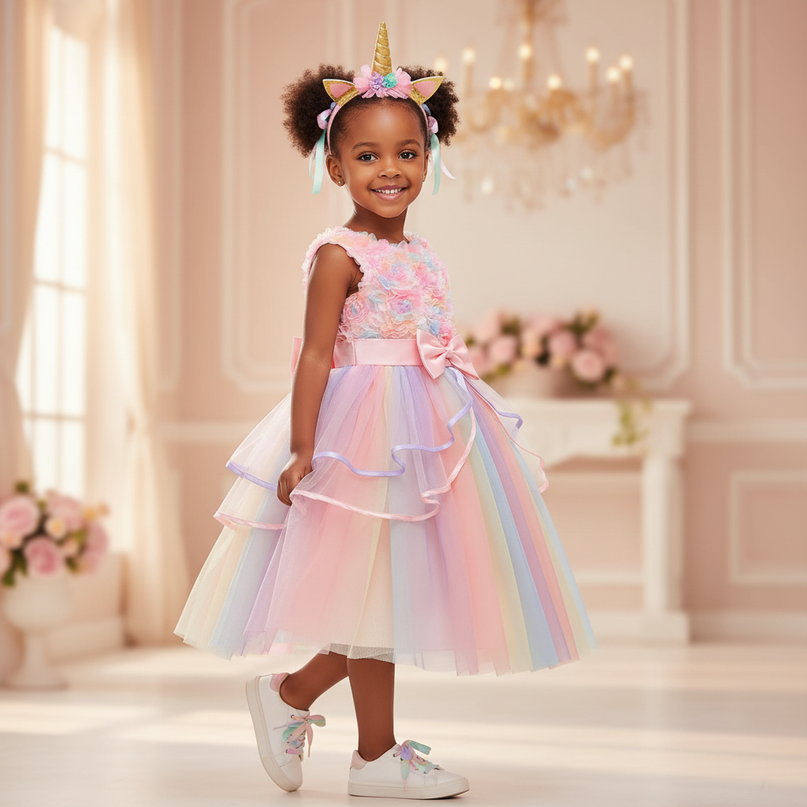 rainbow unicorn 3d flower dress girls - three-quarter