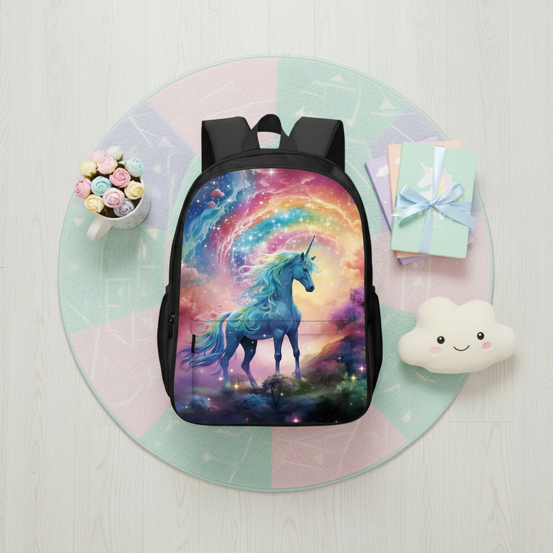 rainbow unicorn backpack - flat-lay