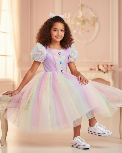 rainbow unicorn ball gown dress - sitting