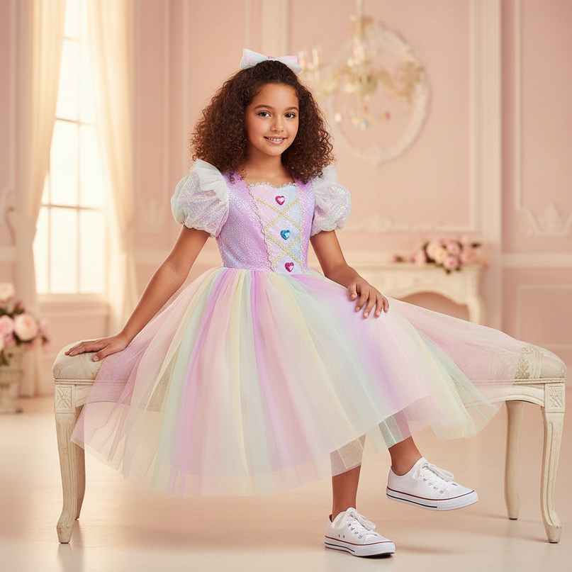 rainbow unicorn ball gown dress - sitting