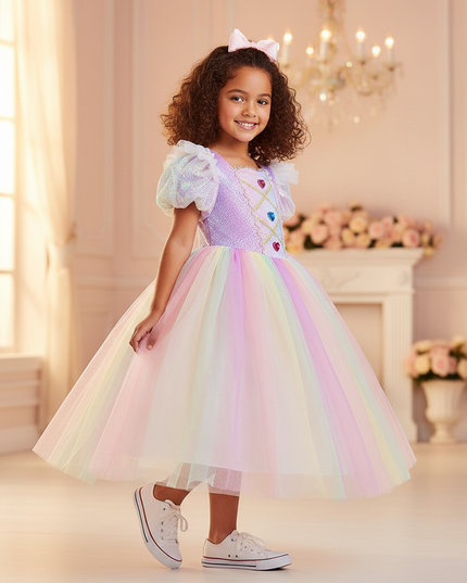 rainbow unicorn ball gown dress - three-quarter