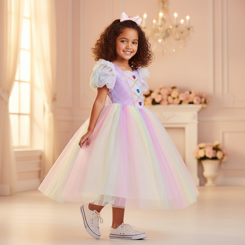 rainbow unicorn ball gown dress - three-quarter