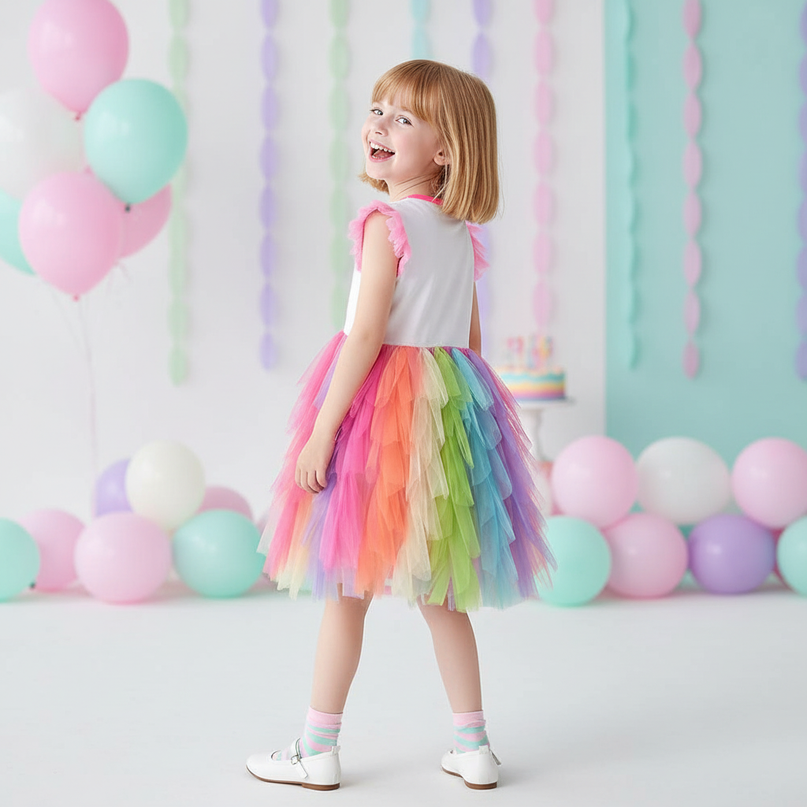 rainbow unicorn ball gown sleeveless dress - back