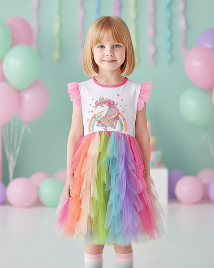 rainbow unicorn ball gown sleeveless dress - detail