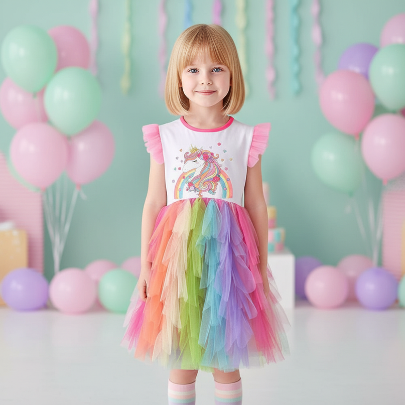 rainbow unicorn ball gown sleeveless dress - detail