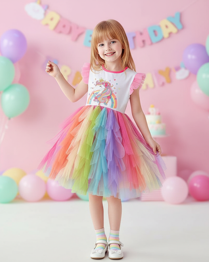 rainbow unicorn ball gown sleeveless dress - front