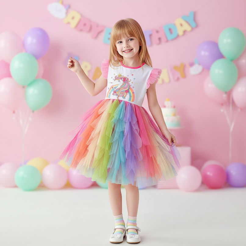 rainbow unicorn ball gown sleeveless dress - front