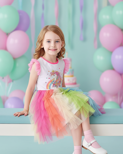 rainbow unicorn ball gown sleeveless dress - sitting